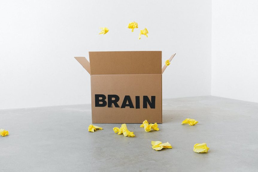 Cardboard box with the word BRAIN written on