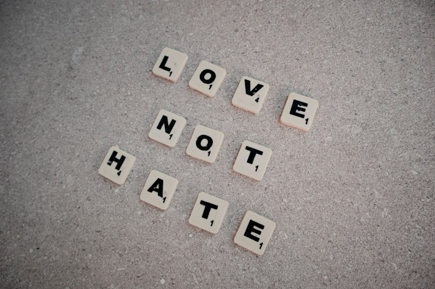 Picture of scrable tiles saying 'Love Not Hate'